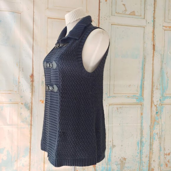 Style & Co petite cable knit cardigan button sleeveless sweater/sizePM/navy blue - Picture 2 of 8